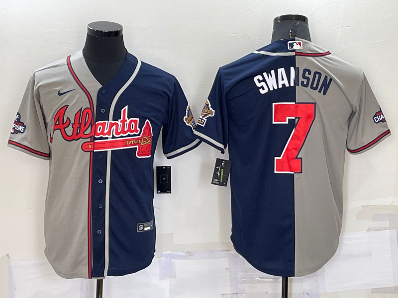 Men's Atlanta Braves #7 Dansby Swanson Gray Navy Two Tone Split Cool Base Stitched Baseball Jersey Men's Atlanta Braves #7 Dansby Swanson Gray Navy Two Tone Split Cool Base Stitched Baseball Jersey